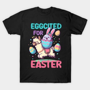 Eggcited For Easter Eggs Bunny Riding Llama Funny T-Shirt